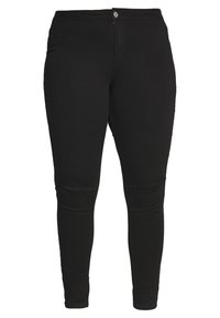 Jeans ajustados negros de mezclilla, con una cintura de altura media, detalles de rasgados en las rodillas y una textura suave. Diseño estándar de cinco bolsillos.