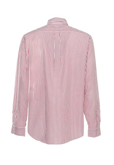 Long-sleeve button-up shirt with vertical red and white stripes shown from the back, featuring a classic collar and buttoned cuffs.