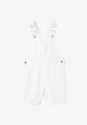 Bijele teksas kratke tregerice s podesivim naramenicama, prednjim džepom na prsima, bočnim džepovima i metalnim gumbima na bočnim stranama.