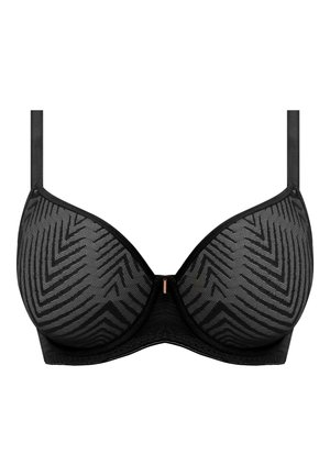 Black lace bra with underwire, featuring a herringbone pattern. It has a small metallic accent at the center and thin adjustable straps.