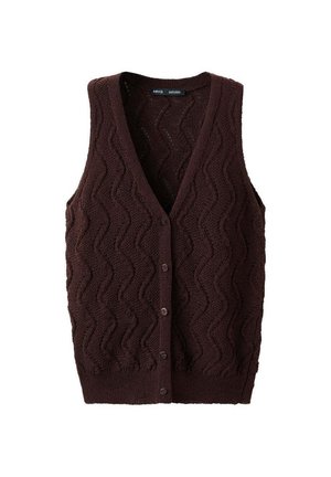 Gilet senza maniche in maglia marrone scuro con motivo a onda e bottoni frontali, scollo a V e orlo a coste.