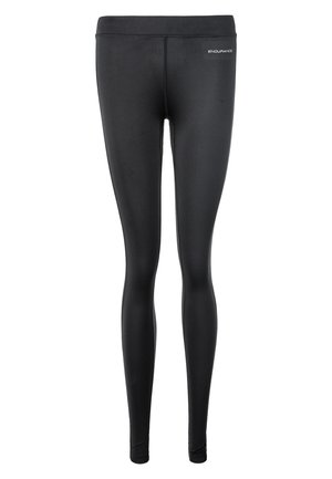 Zwarte legging van rekbare stof met een gladde textuur. Voorzien van een hoge tailleband en subtiele branding vlakbij de taille.