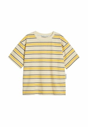 Korte mouwen crème T-shirt met horizontale gele en zwarte strepen, ronde hals en een klein zijlabel met merknaam.