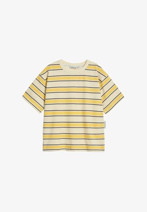 Korte mouwen crème T-shirt met horizontale gele en zwarte strepen, ronde hals en een klein zijlabel met merknaam.
