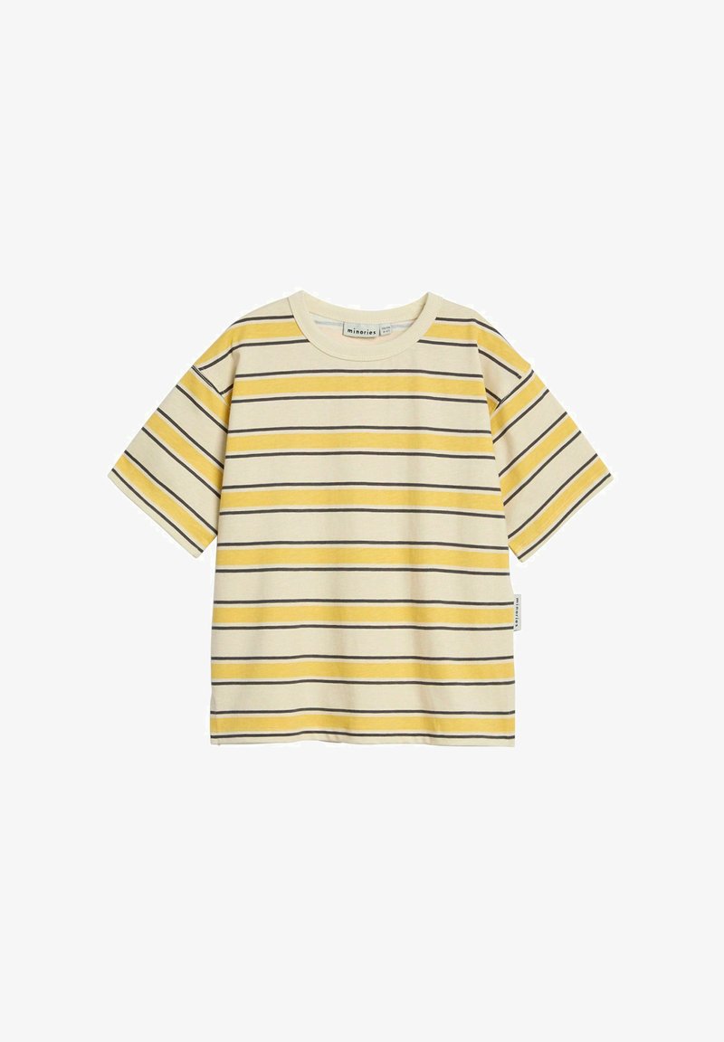 Kurzärmliges cremefarbenes T-Shirt mit horizontalen gelben und schwarzen Streifen, Rundhalsausschnitt und kleinem seitlichem Etikett mit dem Markennamen.