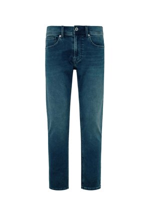 Denim jeans in a mid-wash blue, featuring a straight cut, five pockets, and a button-fly closure. Smooth texture with subtle fading details.