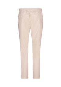 Beżowe zwężające się spodnie z elastycznym pasem. Posiadają dwie tylne kieszenie w welt. Gładki materiał z delikatnym połyskiem. Bez widocznych detalów.