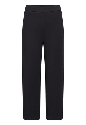 Black straight-leg pants with a smooth waistband and no visible buttons or pockets, shown on a white background.