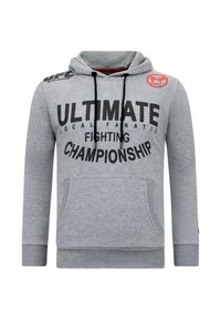 Grijze hoodie van zacht materiaal. Bevat zwarte tekst "ULTIMATE LOCAL FANATIC FIGHTING CHAMPIONSHIP." Inclusief een voorkantzak en een verstelbare capuchon.