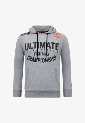 Grijze hoodie van zacht materiaal. Bevat zwarte tekst "ULTIMATE LOCAL FANATIC FIGHTING CHAMPIONSHIP." Inclusief een voorkantzak en een verstelbare capuchon.