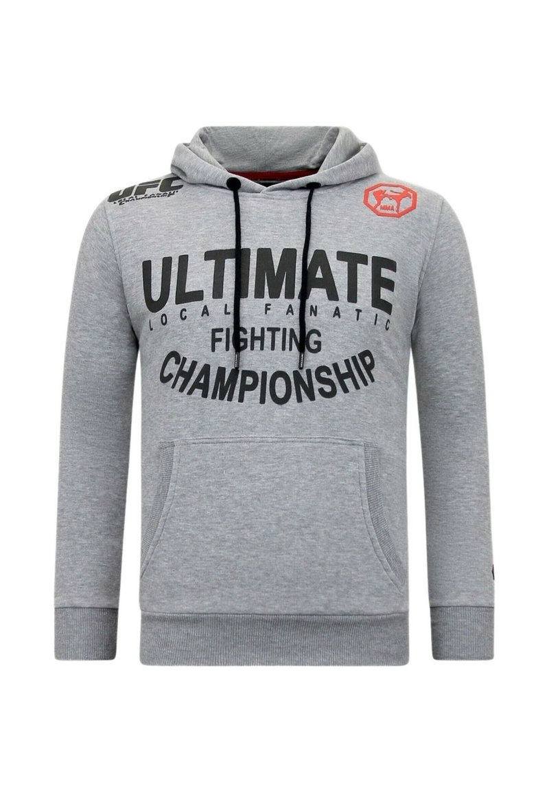Grijze hoodie van zacht materiaal. Bevat zwarte tekst "ULTIMATE LOCAL FANATIC FIGHTING CHAMPIONSHIP." Inclusief een voorkantzak en een verstelbare capuchon.