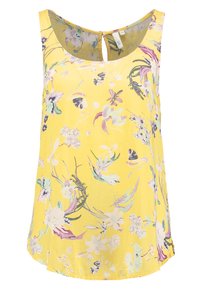 Keltainen ilman hihoja oleva paita, jossa on vaaleanpastellivärinen kukkakuosi, pyöreä kaula-aukko ja takana avausyksityiskohta. Kevyt kangas.