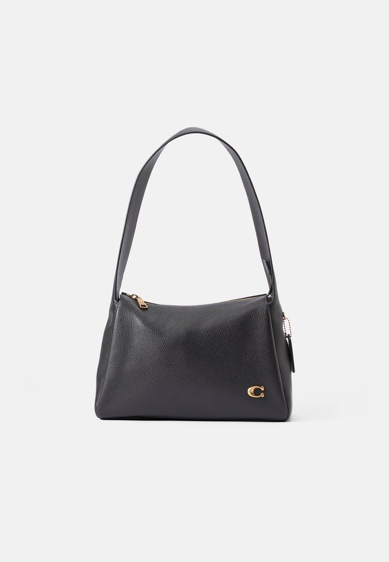Black leather handbag with a smooth texture, featuring a single shoulder strap, gold accents, and a zippered closure. Logo displayed on front.