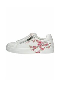 Weiße Sneakers mit glatter Lederstruktur, versehen mit pinken Blumenmustern und einem seitlichen Reißverschlussdetail. Markenlogo an der Seite sichtbar.