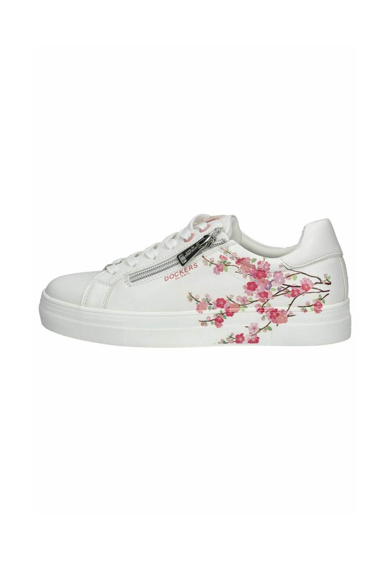 Weiße Sneakers mit glatter Lederstruktur, versehen mit pinken Blumenmustern und einem seitlichen Reißverschlussdetail. Markenlogo an der Seite sichtbar.