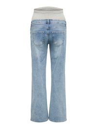 Jean de maternité bleu clair ample avec une ceinture élastique grise haute et douce, visible de dos.