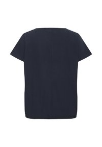 Zwart shirt met korte mouwen, rechte snit en elastische zoom, van achteren getoond op een witte achtergrond.