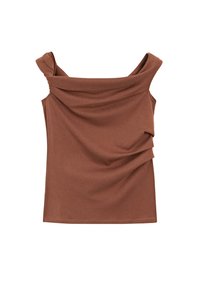 Top marrone senza maniche con scollatura drappeggiata e dettaglio arricciato sul lato, realizzato in tessuto morbido e elastico. Texture liscia, design aderente.