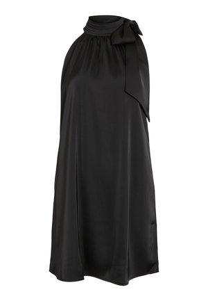 Melnā bezpiedurkņu kleita, kas izgatavota no gludas auduma, ar augstu kaklu un garu sasietu loku kreisajā pusē, ar brīvu A-līnijas siluetu.