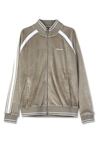 Bársonyos, fényes barna zipzáras kabát fehér díszítéssel. Rugalmas gallérral, oldalsó zsebekkel és függőleges csíkokkal a ujjakon.