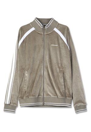 Žametna jakna z zadrgo v umirjeni rjavi barvi z belimi detajli. Ima rebrasto ovratnik, stranske žepke in vertikalne črte na rokavih.