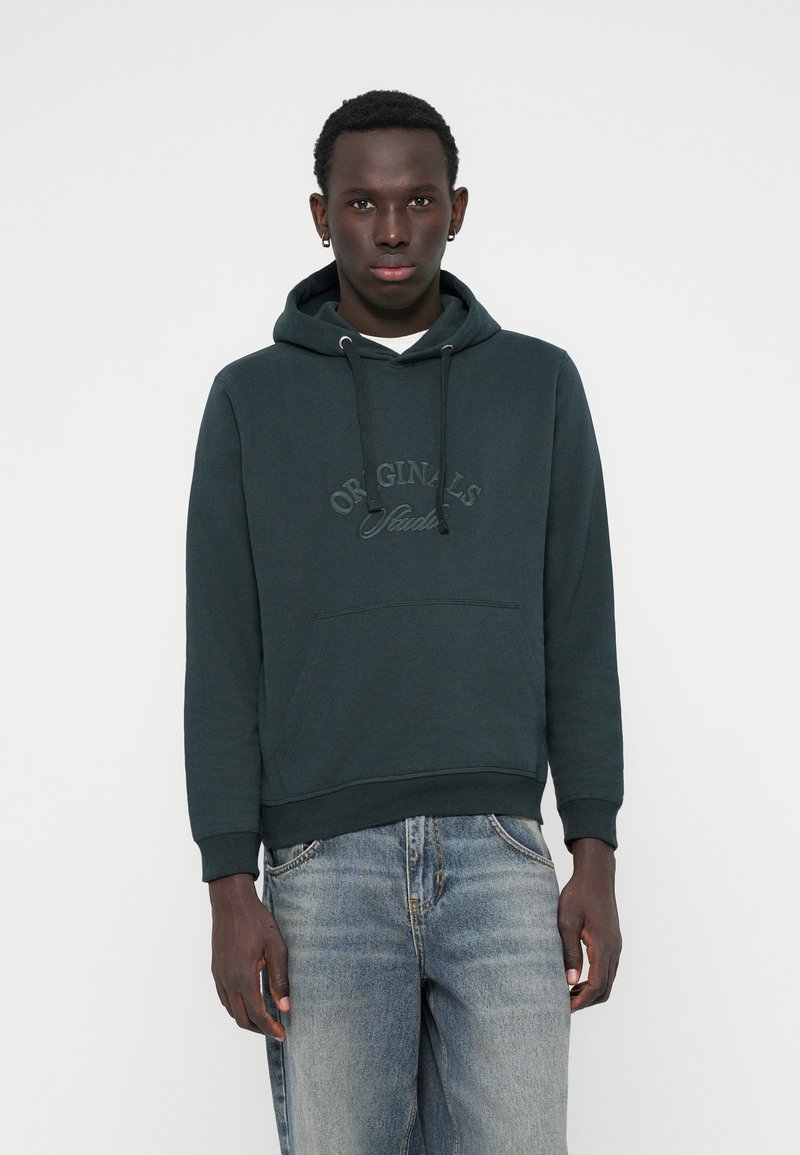 Hoodie vert en mélange de coton, avec une poche kangourou, un capuche avec cordon de serrage, et un logo "Originals" embossé sur la poitrine.