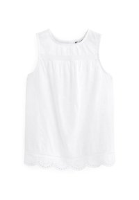White sleeveless top with a round neckline, featuring textured embroidery and a scalloped hem. Made of lightweight cotton fabric.