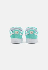 Zapatillas de ante turquesa con acentos en blanco, suela de goma texturizada y detalle del logo dorado en el talón. Vista trasera que muestra el cuello acolchado.