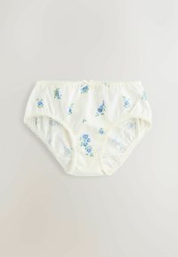 Dámska spodná bielizeň krémovej farby s malým modrým kvetinovým vzorom, čipkovým lemom na okrajoch a malou mašličkou v strede pásu.