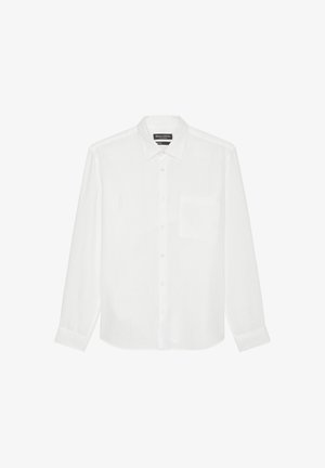 Balta ilga piedurkne krekls, izgatavots no linu, ar pogu piestiprinātu apkakli, priekšējo kabatu un pogu aizdari gar priekšpusi. Strukturēta auduma.