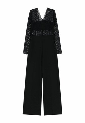 Tuta nera con corpetto in pizzo e maniche lunghe. Presenta una scollatura a V profonda e pantaloni ampi e fluidi per una vestibilità comoda.