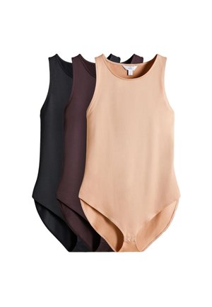 Tre ærmeløse bodysuits i beige, mørkebrun og sort, stablet side om side på en hvid baggrund.