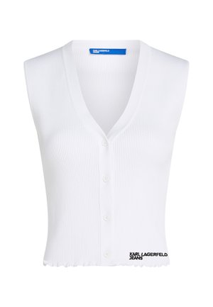 Bela rebrasta brezrokavnik s srajčnim zapenjanjem, V-izrezom in črnim logotipom "KARL LAGERFELD JEANS" na spodnji levi strani.