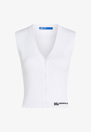 Weißes, geripptes, ärmelloses Button-up-Weste mit V-Ausschnitt und schwarzem "KARL LAGERFELD JEANS"-Logo unten links.