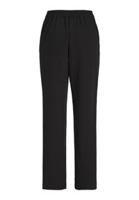 Pantalon noir avec une taille élastique. Fabriqué dans un tissu léger et lisse. Design à jambe droite sans motifs ni accessoires visibles.