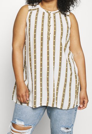 Sleeveless tunic with a round neckline, featuring vertical green and yellow stripes on a white background, and front button detailing.