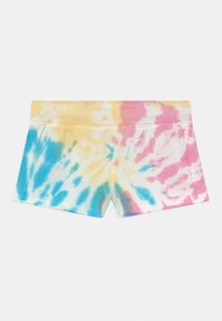 Calções tie-dye coloridos com uma mistura de amarelo, azul, rosa e branco. Tecido macio com um design ajustado e cintura elástica.