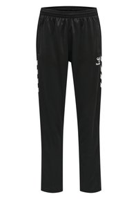 Svarta träningbyxor med elastisk midja, sidofickor och vita randiga detaljer längs sidorna, tillverkade av ett smooth, lätt tyg.