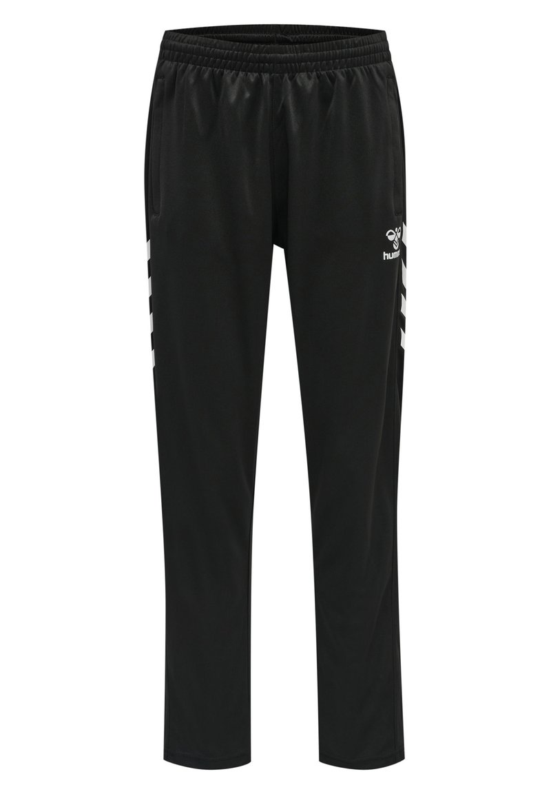 Svarta träningbyxor med elastisk midja, sidofickor och vita randiga detaljer längs sidorna, tillverkade av ett smooth, lätt tyg.