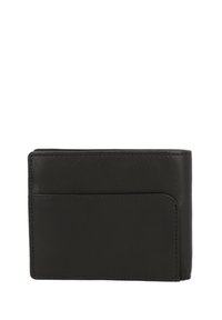 Portafoglio in pelle nera caratterizzato da un design elegante, numerosi scomparti per carte, texture liscia e cuciture sottili lungo i bordi. Forma rettangolare compatta.