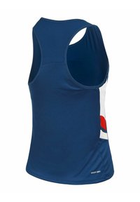 Marineblauw mouwloos sporttanktop van vochtabsorberende stof, met een contrasterend grafisch ontwerp en een ronde zoom.