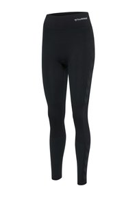 Sorte højtaljede træningsleggings med subtilt chevronmønster på underbenene og "hummel" logo på linningen.
