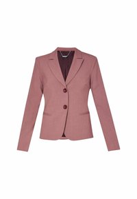 Blazer femme ajusté mauve avec manches longues, deux boutons, col à revers cranté et deux poches passepoilées à l’avant, présenté sur fond blanc.