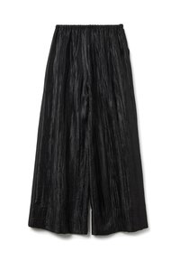Pantalones de pierna ancha negros con una tela texturizada y arrugada. Cintura elástica y corte holgado, con un diseño largo y fluido.