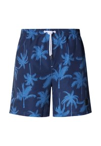 Kąpielówki w kolorze granatowym z niebieskim wzorem palm. Posiadają elastyczną talię z białym sznurkiem i boczne kieszenie.