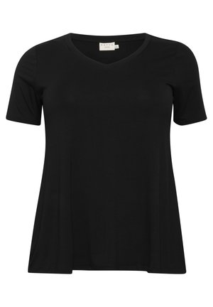 Melnas īsām piedurknēm V-veida kakla T-krekls, kas izgatavots no mīksta auduma, ar brīvu piegriezumu un vienkāršu dizainu bez rakstiem vai akcentiem.