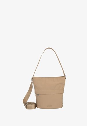 Beige Bogner bøtte taske med top lynlås, justerbar skulderrem og lille front lynlåslomme på hvid baggrund.