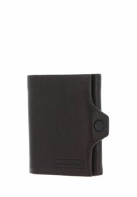 Brown leather wallet featuring a textured surface, snap closure, and embossed branding on the front. Compact rectangular shape.