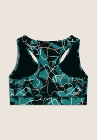 Reggiseno sportivo in verde scuro con motivi a linee astratte in beige chiaro. Design a schiena scoperta, texture liscia e cuciture rinforzate per supporto.