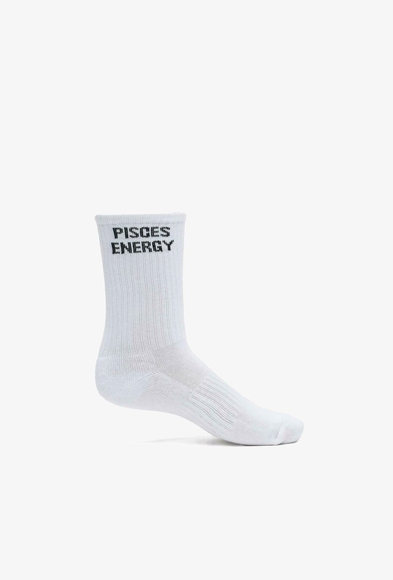 White cotton ankle sock with ribbed texture featuring "PISCES ENERGY" printed in black on the cuff.